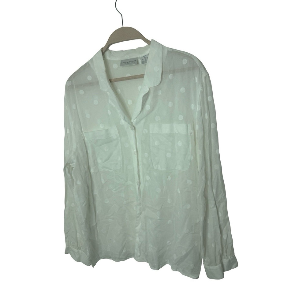 Vintage Polka Dot Liz Claiborne White 100% Cotton Button Up Womens 14 petite